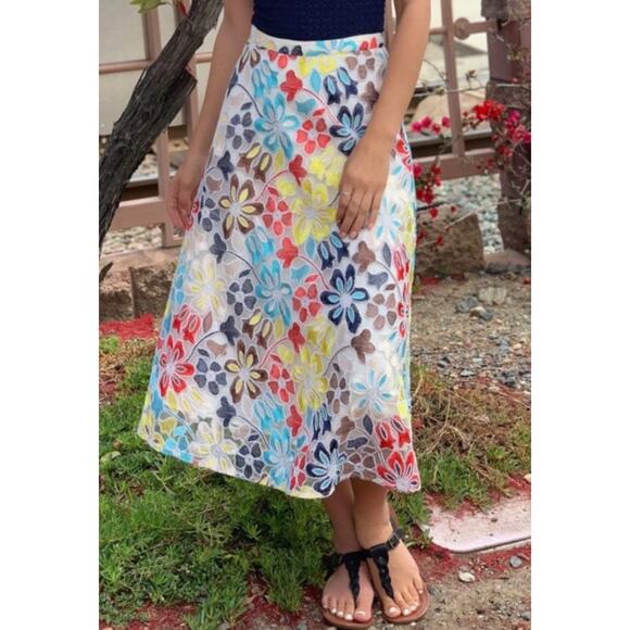 EVA FRANCO Anthropologie Meghan Embroidered Midi Skirt •4• Floral A Line EXC - Picture 4 of 16